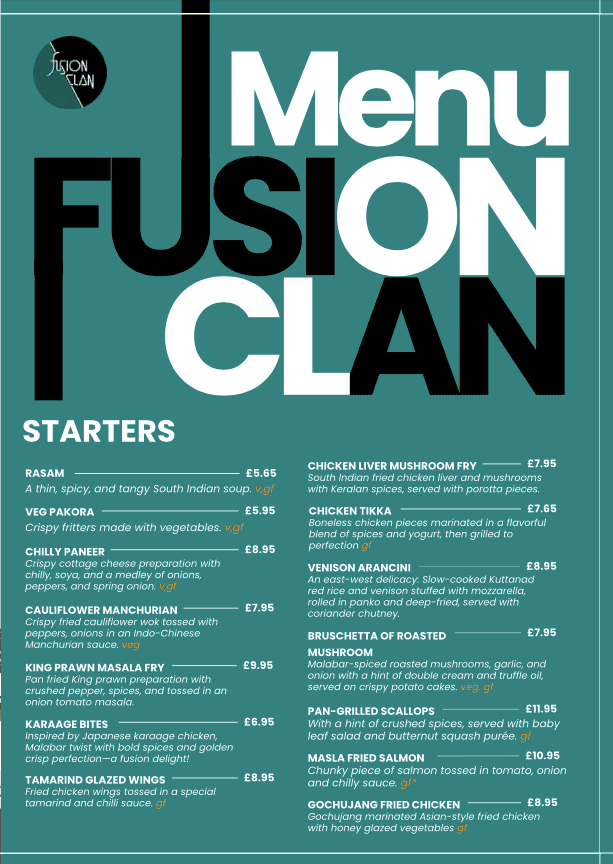 Fusion Clan Warwick Dine In Menu