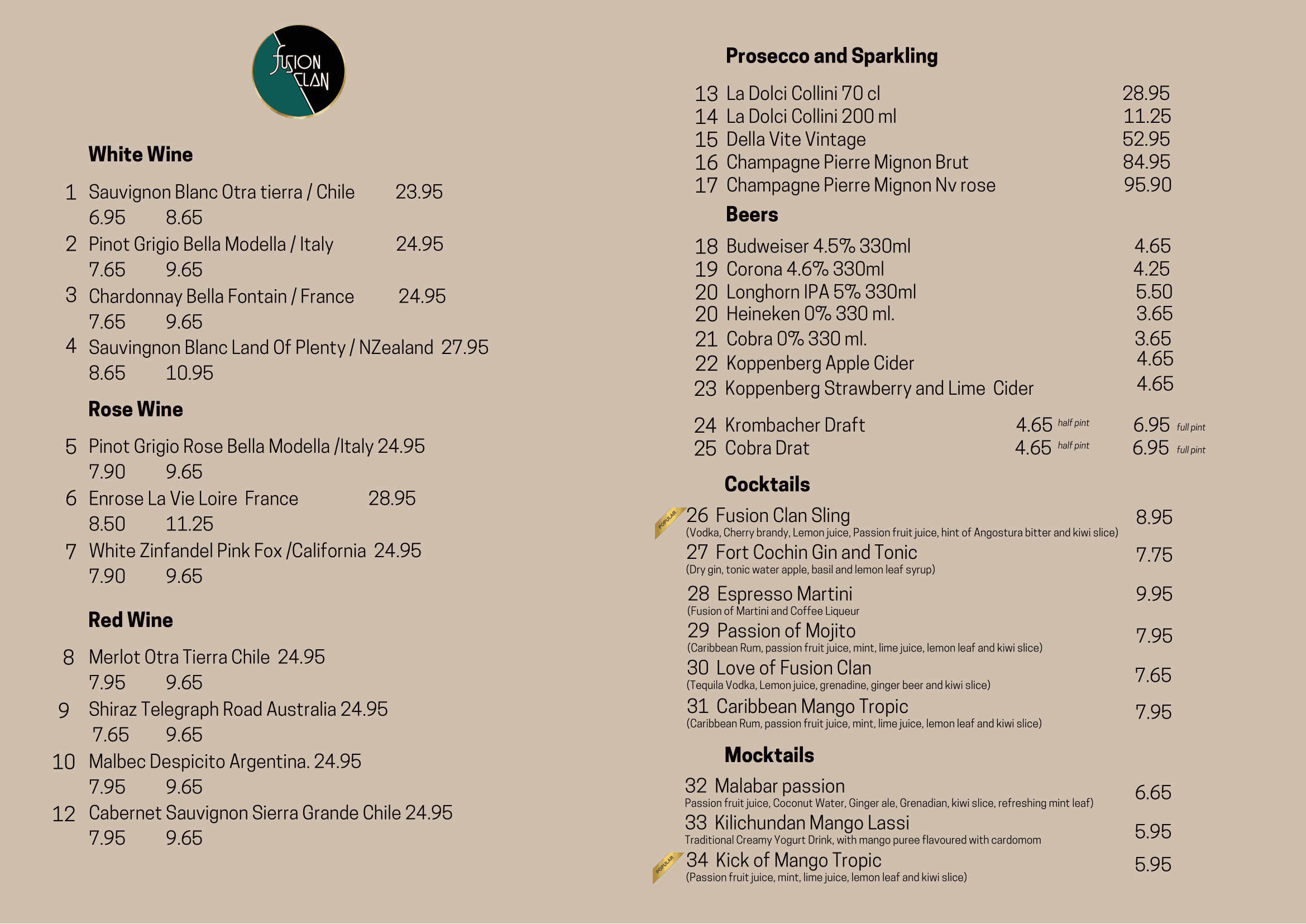 Fusion Clan Wine Menu Warwick